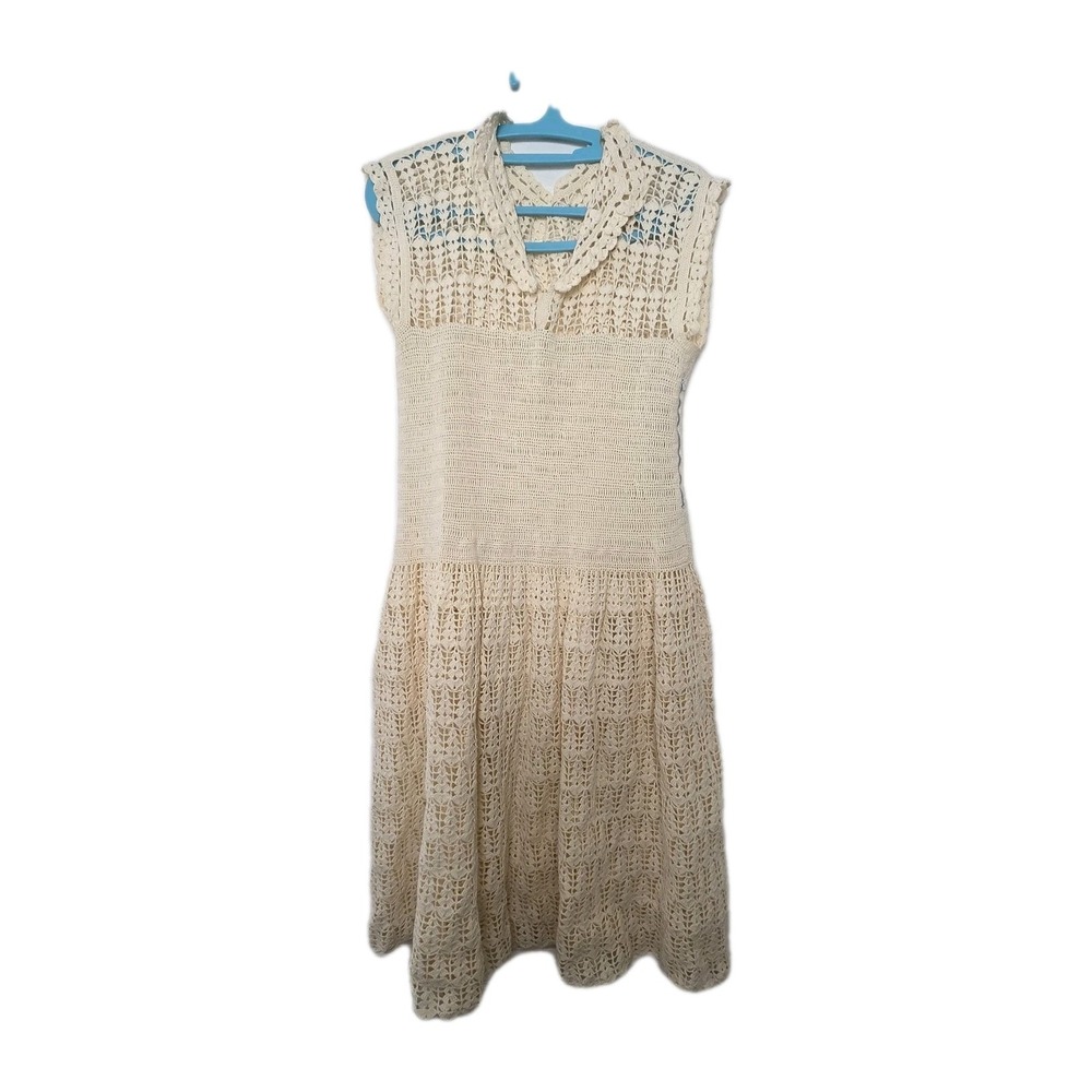Vintage Crochet Cream Dress‎ Open Knit Size Large